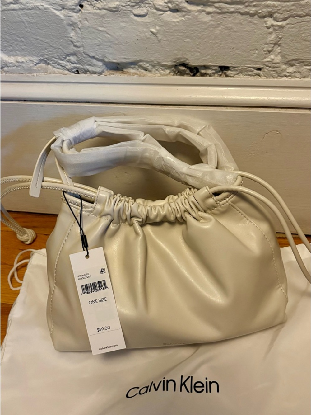 Calvin Klein Cream Drawstring Shoulder Hobo Bag